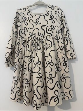 Hannah Andersson Kids' Cream and Black Ribbon-Print Long Sleeve Dress
